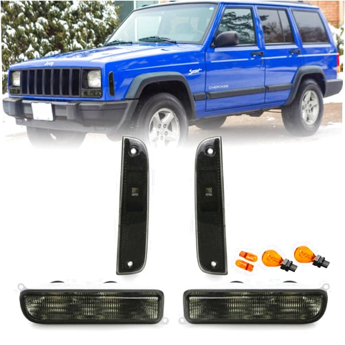 USR UNIQUE STYLE RACING USR 97-01 XJ Signal Lights - COMBO Smoke Bumper Turn Signal + Corner Side Marker Lamps Set + x4 Bulbs Included (Left + Right) Compatible with 1997-2001 Cherokee XJ Chassis (Smoke 4 Pieces)