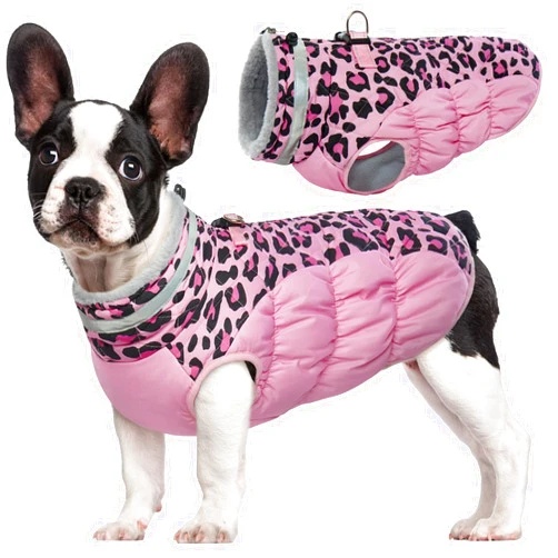 FUAMEY Dog Winter Coat,Dog Cold Weather Coats Dog Jackets with Zipper on Back with Harness Built in Dog Paded Vest Water Resistant Reflective Jacket for Small Medium Large Dogs Pink Leopard S