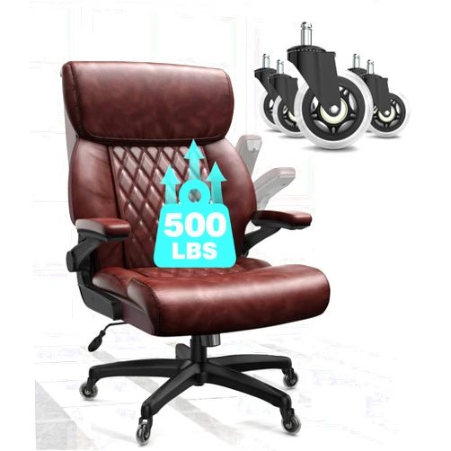 Raynesys Big and Tall Office Chair, 500lbs Capacity High Back Large Executive Office Chair with Flip-up Armrests, High Back Computer Chair with Wide Seat, Ergonomic Bonded Leather Chair, Brown