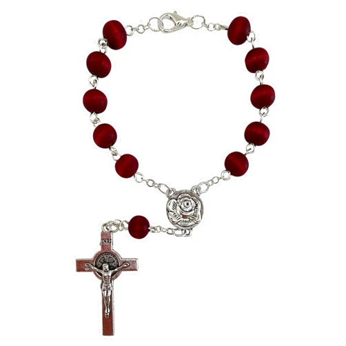 Treasure4U- One Decade Auto Rosary for Rearview Mirror Rose Scented Red Wood Beads Catholic Bracelet Our Lady of Lourdes St Benedict Medal Crucifix Religious Gift Car Truck Travel Protection