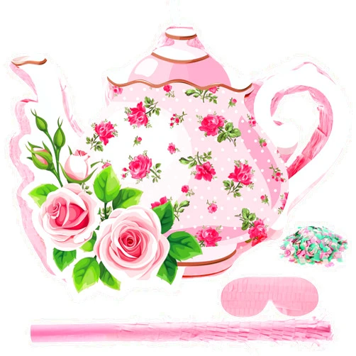 Aoriher 4 Pieces Tea Party Pinatas Flower Themed Party Decorations Teapot Small Pinata Bundle with a Blindfold, Stick and Confetti Tea Cup Party Supplies Favors for Kids Girls Birthday Party (Teapot)