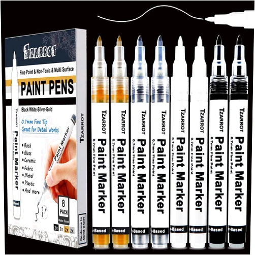 TZARROT White Paint Pen, 8 Pack 0.7mm Acrylic Paint Pens with 2 White 2 Black 2 Gold 2 Silver Paint Pen Permanent Marker for Wood Rock Fabric Metal Plastic Ceramic Acrylic Paint Markers Extra Fine Tip