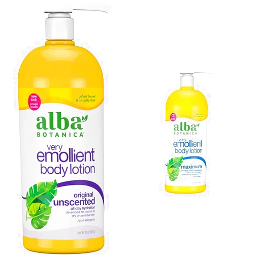 Alba Botanica Very Emollient Body Lotion, Unscented Original and Maximum Dry Skin Formula, 32 Oz Each
