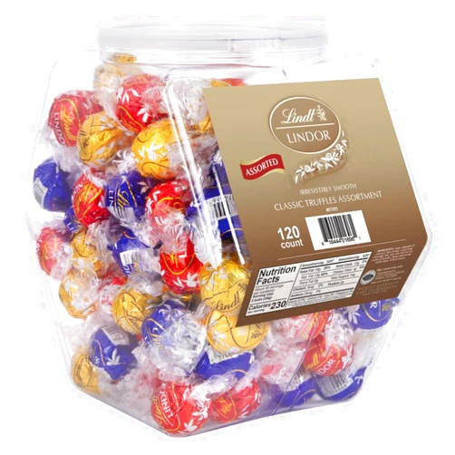 Lindt LINDOR Truffles Assorted Chocolate Truffles Including Milk, Dark and White Chocolate, 120 Individually Wrapped Bulk Candy in Reusable Plastic Tub