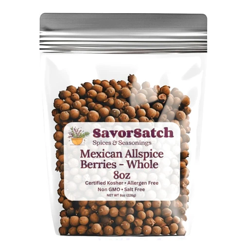 SavorSatch Whole Allspice Berries Pimenta dioica - Certified Kosher, 8oz Resealable Pouch | Fresh, Aromatic, All-Natural Spice for Cooking, Baking, Pickling, Bottle Refill, and Grinder Refill