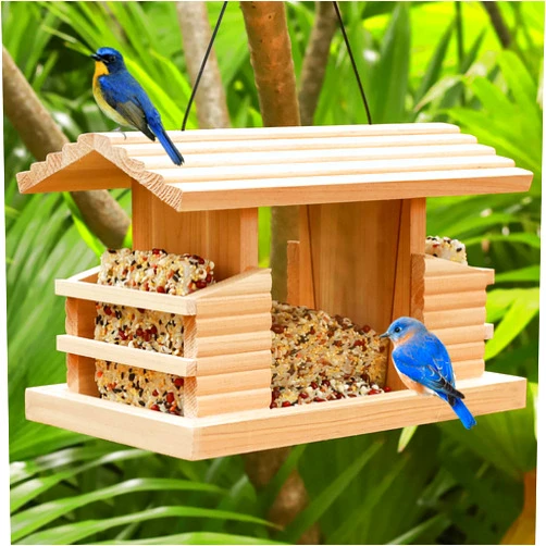 STARSWR Bluebird Feeder,Wooden Suet Feeder Outdoor Ranch Patio Yard Tree Hanging with Double Window and Double Suet Cake Holder Cages Outside Wood Platform Wildbird Feeders Mealworm Feeder