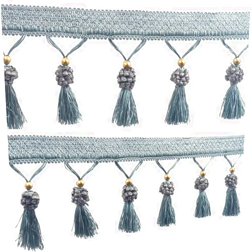 Kuasting Fringe Tassel Lace Trim 12.5 Yards Braided Hanging Beads Handwork DIY Craft Sewing Accessory Lace for Home Curtain Table Decoration (Light Blue)