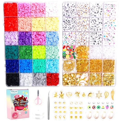 Tilhumt Clay Beads, 6700Pcs Polymer Clay Bead Bracelet Kit in 24 Colors, 2 Boxes Friendship Bracelet Kit Flat Polymer Heishi Beads with Charms for Jewelry Making, Crafts Gift for Girls