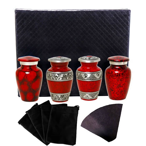 THE ASCENT MEMORIAL Small Urns for Human Ashes of Adult Male Female | Set of 4 Red Keepsake Vials for Funeral Remains with A Paper Funnel 4 Velvet Bags and A Beautiful Gift Box | Keepsakes and Urns