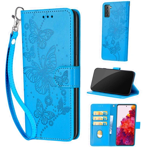 KENHONER Designed for Samsung Galaxy S21 5G Case Wallet,Women Flip Folio Cover with Embossed PU Leather Stand Credit Card Holders Slots Wrist Strap Phone Case for Samsung S21 5G (Blue Butterfly)