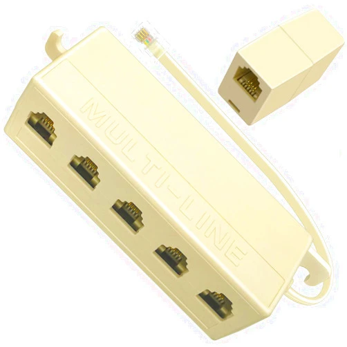 NECABLES 1+1Pack Phone Jack Splitter 5 Way RJ11 6P4C 1 Male to 5 Females with 5in Pigtail and Telephone Line Coupler for Landline and Fax Ivory