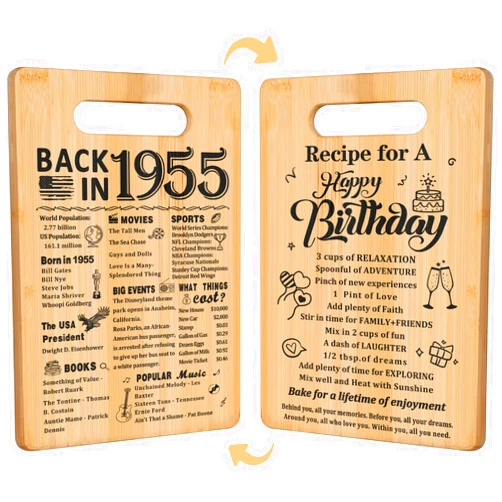 YeohJoy 70th Birthday Gifts for Women Men,Back In 1955&Recipe for A Happy Birthday Double sided Cutting Board present for Her Him,70th Bday gift ideas,cool presents for 70 year old woman
