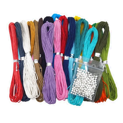 INSPIRELLE 20 Colors 1mm Jewelry Making Beading Crafting Macrame Waxed Cotton Cord Thread with 200 Silver Metal Beads, 10 Yards Each Color
