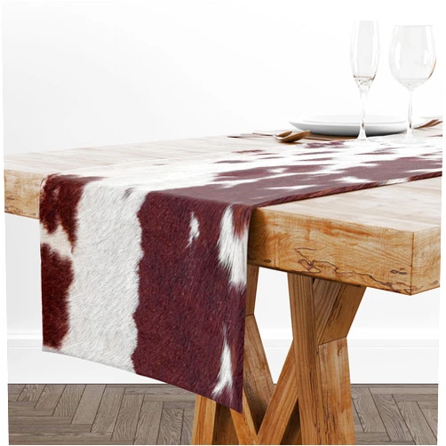 LeisureHOMECURTAIN Linen Cow Print Table Runner,Farm Brown White Cowhide Print Tablecloth,Vintage Cowboy Theme Birthday Party Home Kitchen Daily Decor,36X13inch