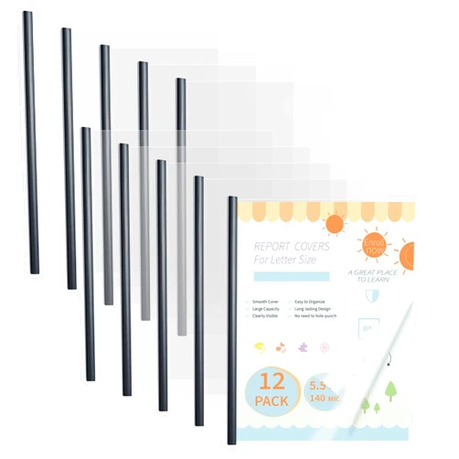 Binditek 12 Pack Clear Report Covers with Black Sliding Bars, 70 Sheet Capacity, 9mm Binding Bars, Letter Size, 5.5 Mil Thick, Black, for Students and Coworkers