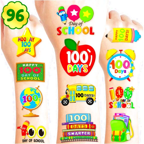 Generic 96 PCS Happy 100 Days of School Temporary Tattoos Theme Birthday Party Favors Supplies Decorations Decor Colorful Smarter 100th Day Tattoo Stickers Gifts For Students Teachers Kids Boys Girls Prizes