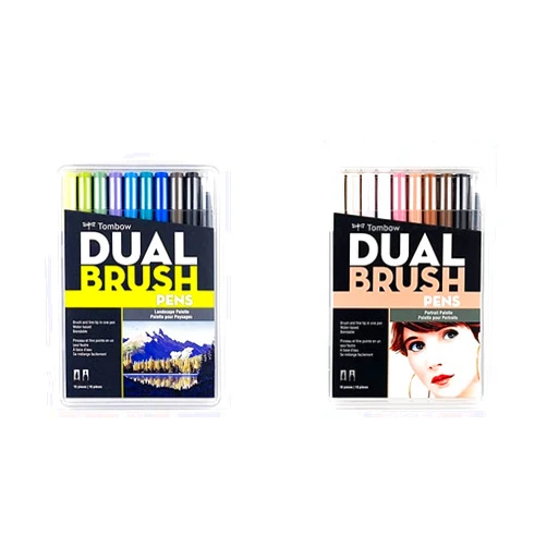 Tombow Dual Brush Pen Art Markers, 10-Pack Portrait and 10-Pack Landscape Sets. Blendable Brush and Fine Tip Markers