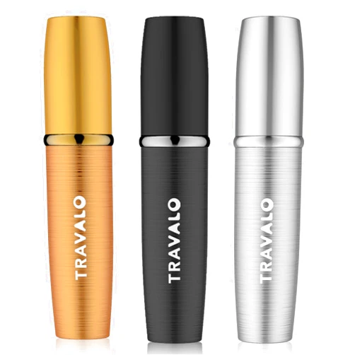 Travalo LUX Perfume Atomizer Bundle - Leak-Proof and TSA Approved for Air Travel - Reusable, Easy Fill Mini Pump Sprayer - Lightweight, Brushed Polished Metal - Gold, Black, Silver - 3 Pack