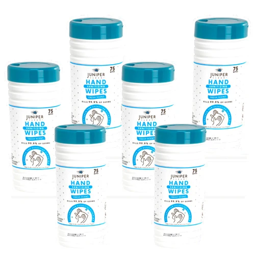 Juniper CLEAN 6 Pack Canister Hand Sanitizing Wipes, Alcohol Free 450 Count Canister Disposable Hand Sanitizer Wipes, Fresh Scent, Lint Free & Durable