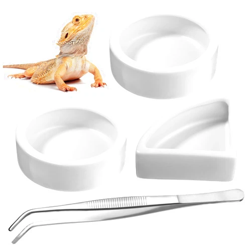 Boao 4 Pcs Reptile Food Water Bowl Set, 2 Round Reptile Food Dish 1 Corner Water Dish and 1 Feeding Tongs for Bearded Dragon Leopard Gecko Hermit Crab Chameleon Lizard Tortoise Spider Pet