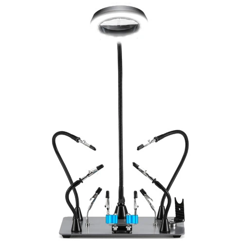 SainSmart Soldering Station 6 Flexible Helping Hands 5X Magnifying Lamp with 5 Color 10 Brightness Level Magnetic Soldering Iron Stand & Heavy Duty Base