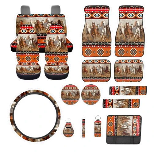 Baxinh Aztec Southwest Car Seat Cover Full Set, Horse Printed Front and Back Seat Covers Car Floor Mats Steering Wheel Cover Armrest Cover Seatbelt Strap Cover Auto Interior Accessories 17 Pack