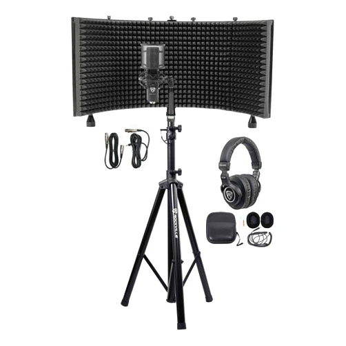 Rockville Recording Studio Bundle: Rockshield 3 Mic Isolation Shield W/Sound Dampening Foam, Rcm Pro Condenser Microphone, Pro-M50 Headphones, Rves05 Tripod Stand, 4-Items