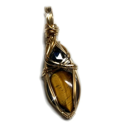 Rocks2Rings Tiger Eye and Black Onyx Necklace Pendant - protection, courage, healing crystal necklace jewelry TgEy (gold-filled)
