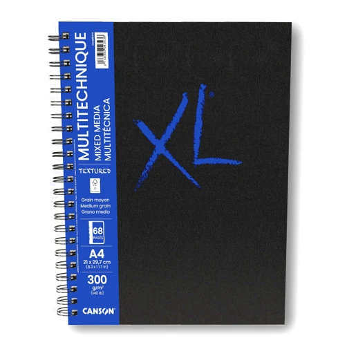 CANSON XL Textured Mixed Media 300gsm A4 Paper, Medium Grain, Spiral Pad Long Side, 34 White Sheets, Ideal for Professional Artists & Students