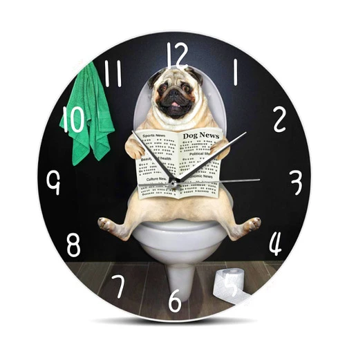 The Geeky Days Pug Dog Read Newspaper on Toilet in Bathroom Puppy Dog Silent Quartz Wall Clock Funny Animals Wall Art Hanging Wall Watch Dog Lover Home Decor