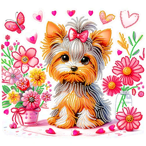 MXJSUA Special Shape Diamond Painting Kits for Adults, Special Shaped Crystal Rhinestones Diamond Art Painting for Home Wall Decoration Gift 12×12 inch, Flower Yorkie Dog