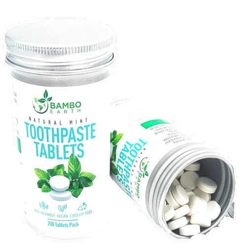 BAMBOEARTH 200 Pack Natural Toothpaste Tablet Bits - Chewable Mouthwash Whitening Bite Tablets for Teeth SLS & Fluoride Free Eco & Travel Friendly - Zero Waste Packaging - Mint & Activated Charcoal (Peppermint)