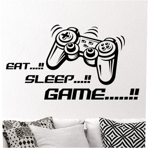 Wall4stickers Eat Sleep Game Joystick Wall Sticker Mural Vinyl Decal Nursery Kids Gamers Art Teenager Video Game Mural Children Room boys gaming controller home funny decoration murals playroom lettering quote