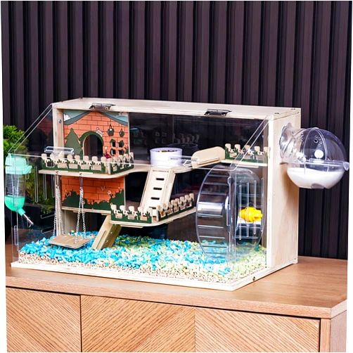 ECOCEN 11 in 1 Wooden Hamster Cage with All Accessories,15.8 Inch 3-Layer Dwarf Hamster Cage Acrylic,Small Hamster Cage,Pastoral Style Mouse Cage for Pet Mice Cage,Hedgehog Cage with Stairs,Fences and Swings