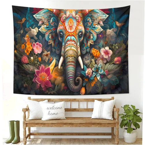 OSUNBD Boho Hippie Elephant Wall Tapestry for Bedroom Aesthetic, Mandala Bohemian Floral Tapestrys Art Decor, Vintage Cool Flannel Wall Hanging for Living Room Dorm Decor for Teens 100x90 Inch