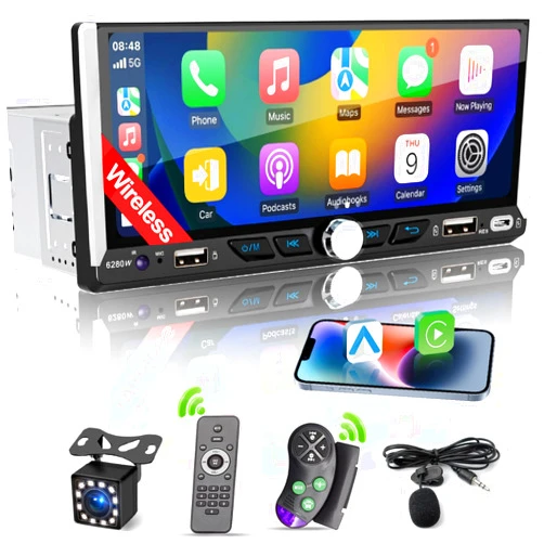 Nideocion Single Din Car Radio Compatible with Wireless Apple CarPlay, Car Stereo with 6.9'' IPS Touchscreen,Car Bluetooth,FM AM Radio,GPS Navigation,Type-C/Dual USB 2.1A Fast Charge/Rear View Camera,Car MP5