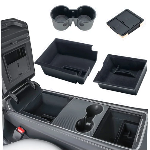Uireefly 4Pcs Center Console Organizer for Tesla Model Y 2021-2024 Model 3 2017-2023, Flocked Fabric Center Console Organizer Set Include Front & Rear Tray Hidden Armrest Box Cup Holder Insert