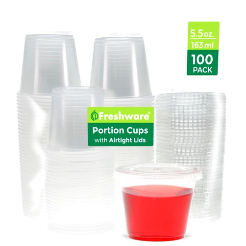 Freshware Plastic Portion Cups with Lids [5.5 Ounce, 100 Sets] Souffle Cups, Jello Shot Cups, Condiment Sauce Containers For Sampling, Sauce, Snack or Dressing