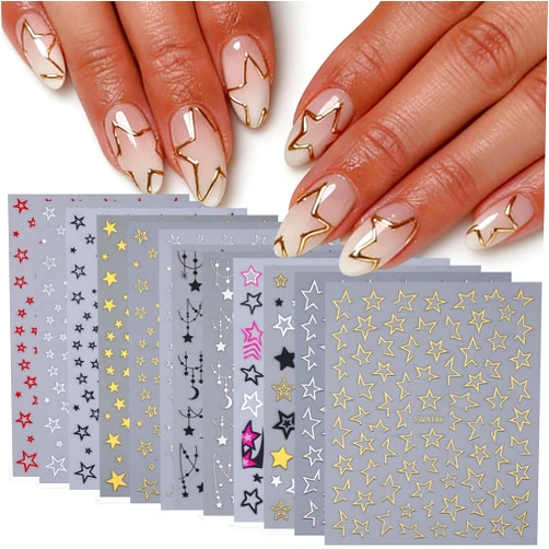 STZPRONAIL Hollow Star Nail Stickers Decals 12 Sheets Y2K Styles Star Nail Art Stickers Shiny Gold Silver Hot-Pink Black White Stars Nail Designs 3D Self Adhesive DIY Glitters Accessories Manicure Decoration