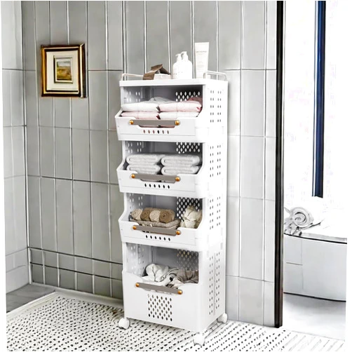 Wohh 4-Tier Kitchen Storage Cart, Multifunctional Plastic Rolling Storage Shelves Trolley, Standing Rack Shelf Baskets with Classified Stickers for Bathroom, Laundry, Living Room (Ash Gray)