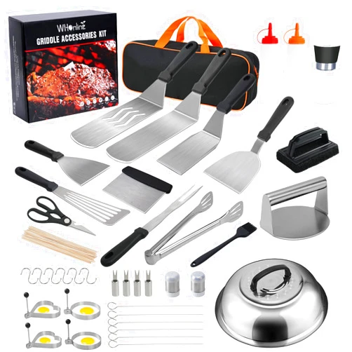 WhOnline 141pcs Griddle Accessories Kit, Flat Top Grill Accessories Kit for Blackstone and Camp Chef, Professional Grilling Accessories, Grill Spatula Set with Enlarged Spatulas, Basting Cover for BBQ