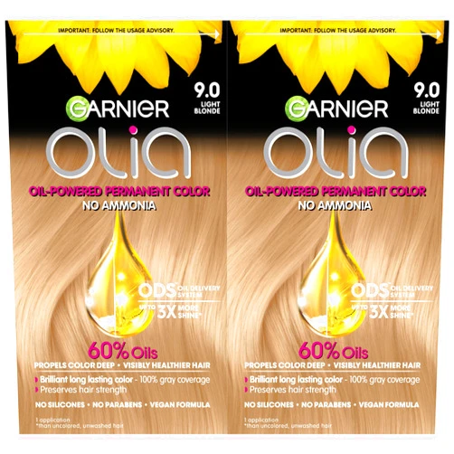 Garnier Hair Color Olia Ammonia-Free Brilliant Color Oil-Rich Permanent Hair Dye, 9.0 Light Blonde, 2 Count (Packaging May Vary)