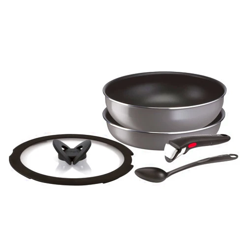 T-Fal Tefal [Online Exclusive] L16190 Handle Removable Frying Pan, 5 Piece Set, Gas Fire Compatible, Ingenio Neo Phrase Gray Basic Set 5, Non-Stick Gray