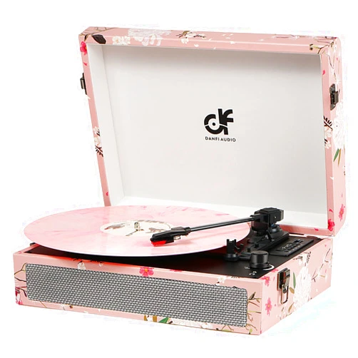 DANFI AUDIO DF Vinyl Record Player Bluetooth with Built-in Speakers, Vintage Portable Suitcase Turntable 3-Speed with USB Recording Headphone/RCA/AUX Jack for Muisc Record Player Pink Floral