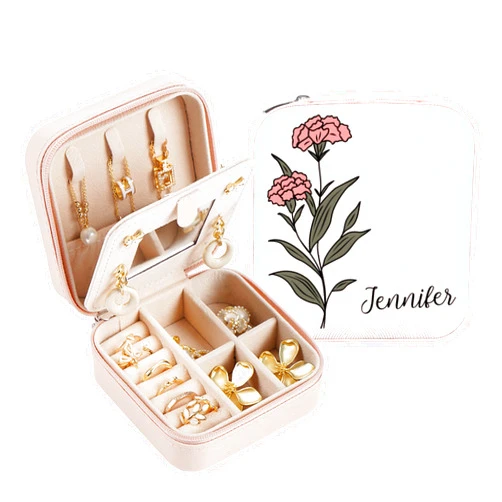 Giabmiag Custom Travel Jewelry Case, Personalized Birth Flower Jewelry Box, Gift for Her, Graduation Gifts, Cute Jewelry Storage, Birthday Mother's Day Christmas Gifts