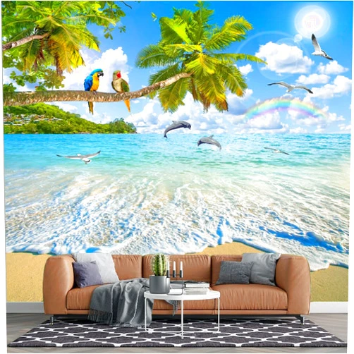 TOKMOCO Custom Blue Sky Scenery Beach Wallpaper Parrot Dolphin Beach Self-Adhesive Wall Mural Living Room Bedroom Sea View Mural Decoration