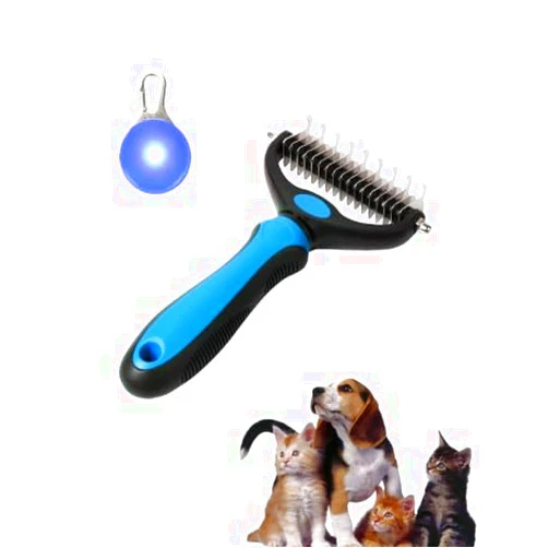 YL traV Pet Grooming Tool - 2 Sided Undercoat Rake for Cats & Dogs with Clip-on Dog Cat Collar Lights - Safe Dematting Comb for Easy Mats & Tangles Removing