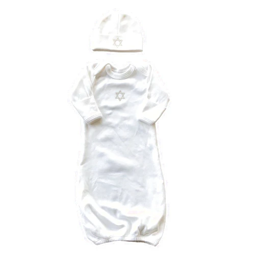 Romy and Rosie Brit Milah Baby Gown with side zipper (white with silver Magen David) and coordinating hat - newborn