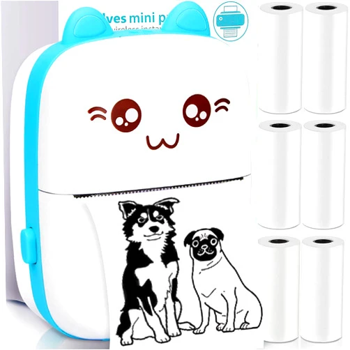 Cyeelves Mini Printer Portable, Mini Thermal Printer, Mini Pocket Printer with 6 Rolls Paper, Mini Photo Printer, Wireless Bluetooth Smart Phone Inkless Printers, for Travel Picture Sticker Receipt Label Notes