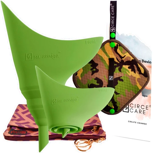 CIRCE CARE 2nd Gen SuAmiga Female Urination Device (in color Army Green) with New Waterproof Carry Bag + Silver Infused Pee Cloth (1pc Green Camo)